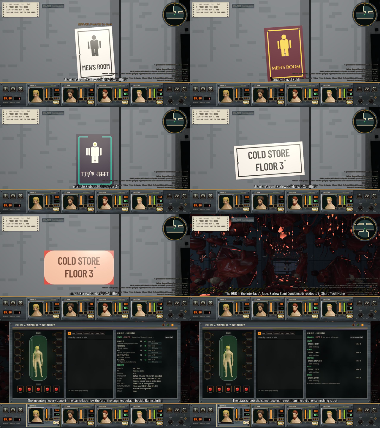 A grid of eight film frames. A white Men's Room plate in the plant's face, a wine and gold plate in fantasy lettering, a dark plate in an eldritch script, plant and meat Cold Store plates, the HUD, and the inventory and stats sheet.