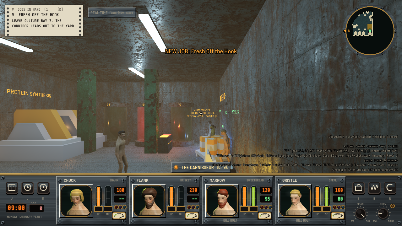 A first person view down a worn steel corridor, with a job note in the top left, a minimap in the top right and four character portraits with health bars across the bottom.