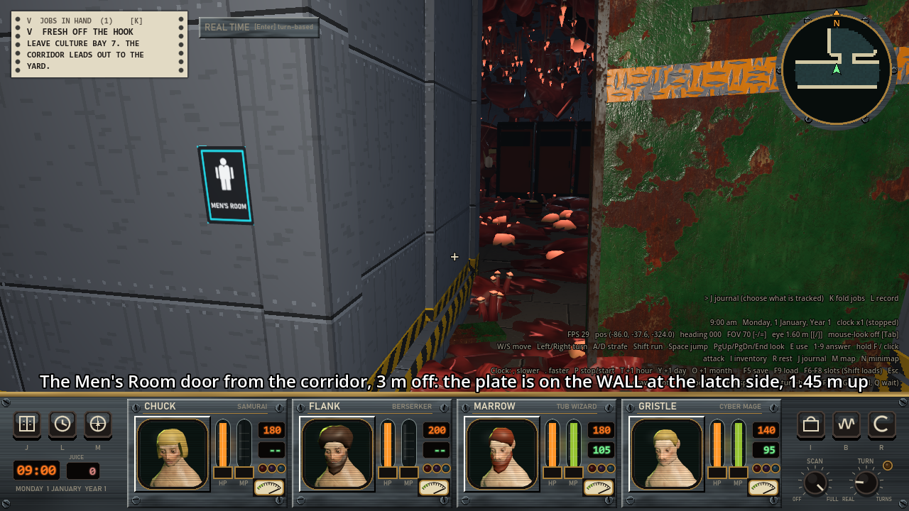 A corridor wall of gray steel panels with a small black plate holding a white standing figure and the words MEN'S ROOM, with a cyan edge. The green door is to its right.