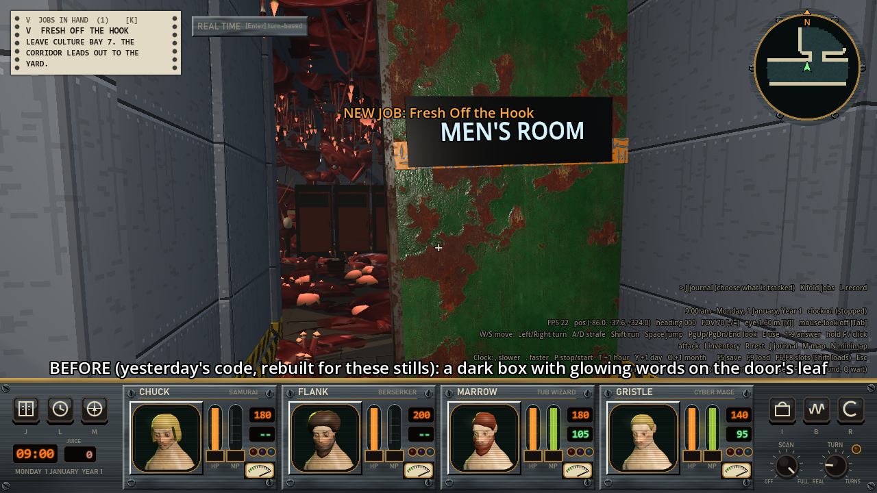 A rusty green door seen close up with a wide black box across it reading MEN'S ROOM in glowing white letters.