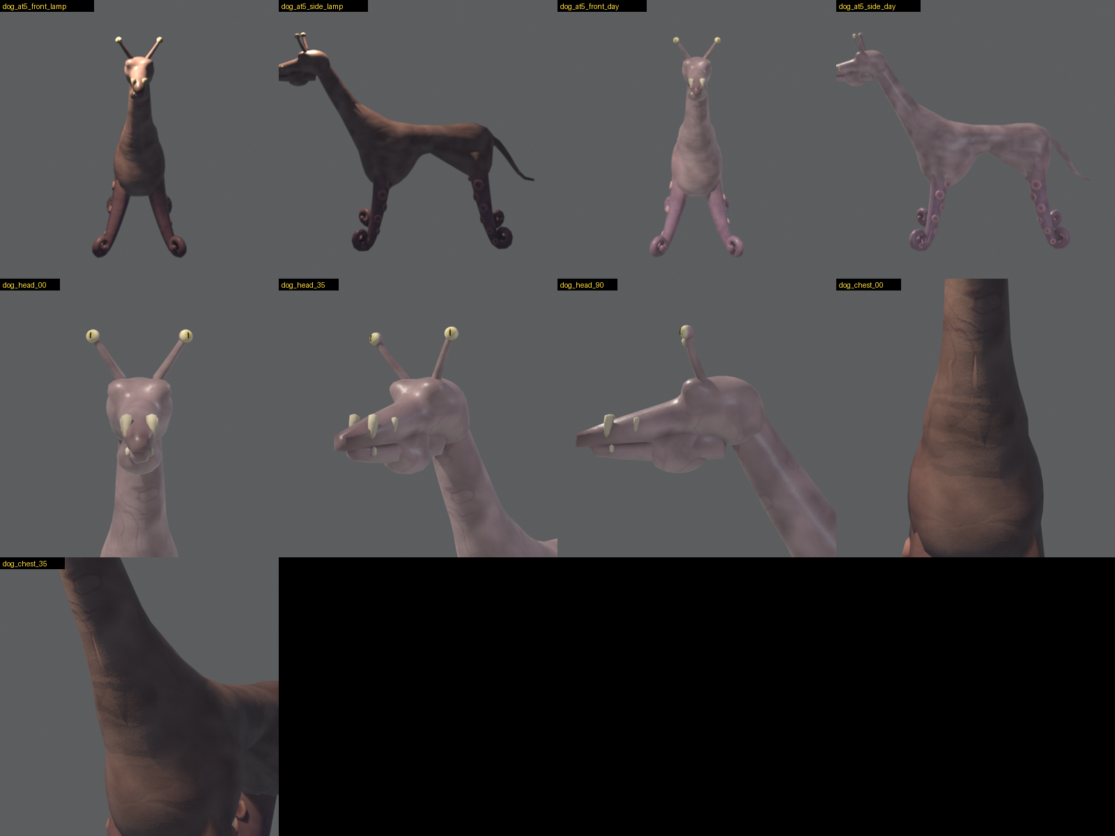 A sheet of renders of a pink hound with a very long neck and curled tentacle legs, and close ups of its head with two pale fangs and eye stalks and of its chest.
