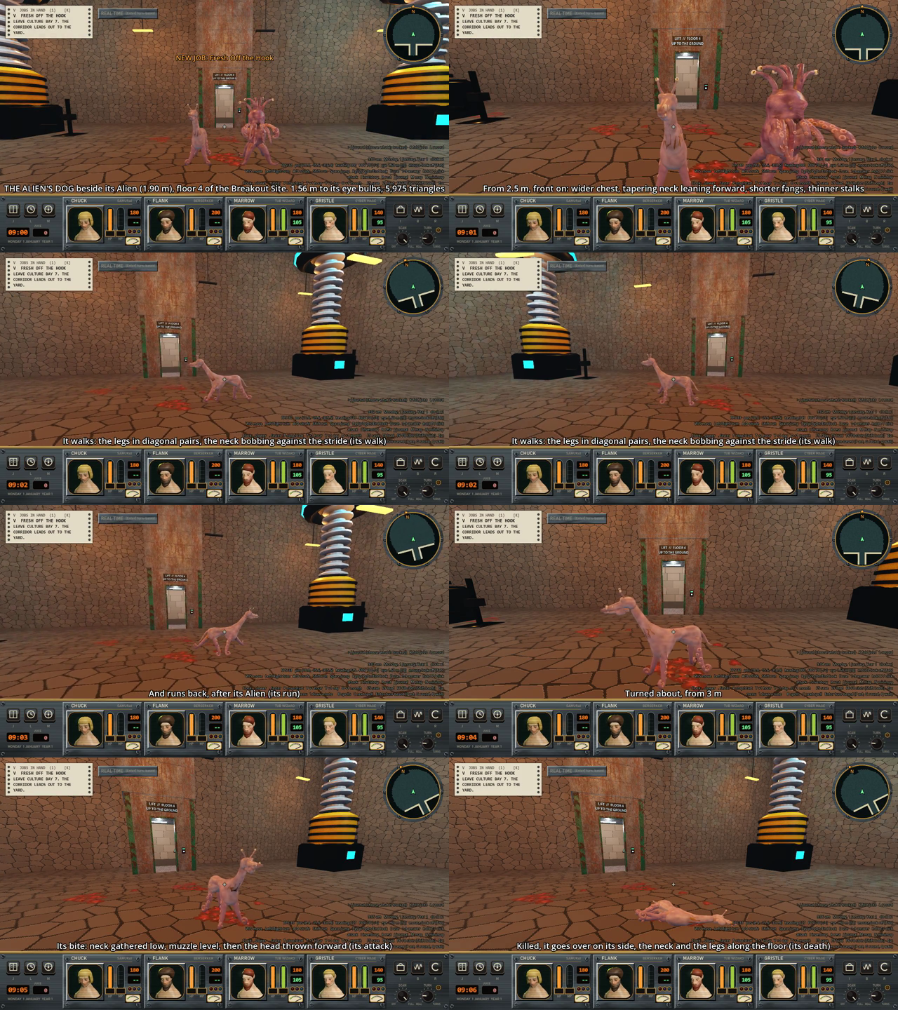 A grid of eight film frames of a pink dog with a long neck in a brick-floored room, standing beside a tentacled Alien, walking, running, biting and lying on its side.