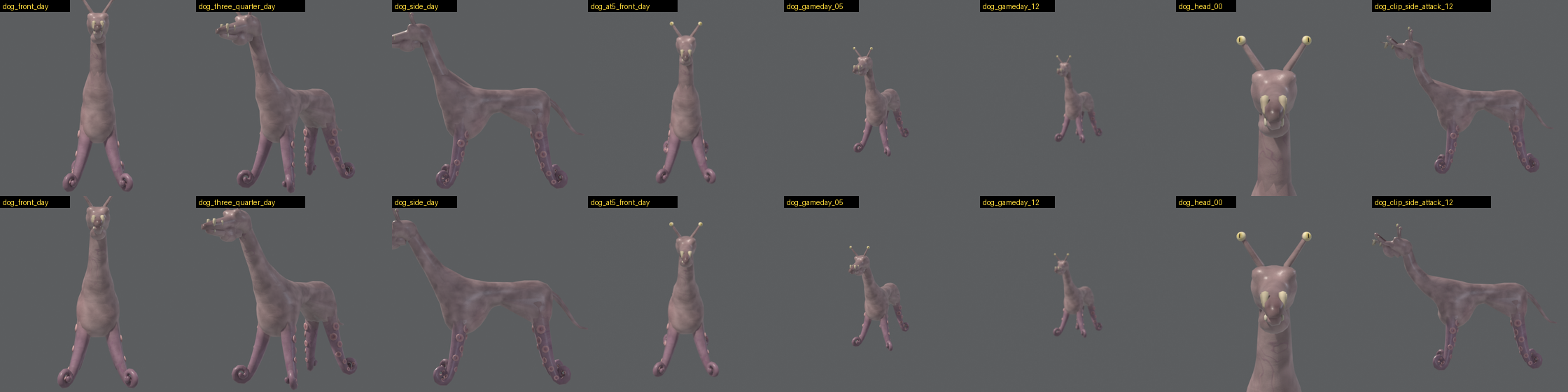 Two rows of eight small renders of the same pink dog with a long neck and tentacle legs, from the front, three quarters, side and at a distance. The bottom row's neck is thinner under the head and leans further forward.