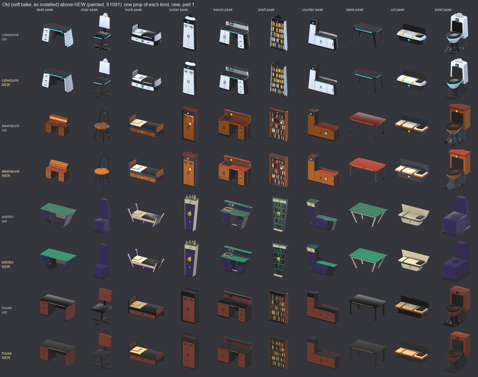 A grid of furniture in four themes, each with an old row above a new row. The old desks, toilets and tables have a glossy sheen and black chrome. The new ones are flat colors with dark lines where parts meet.