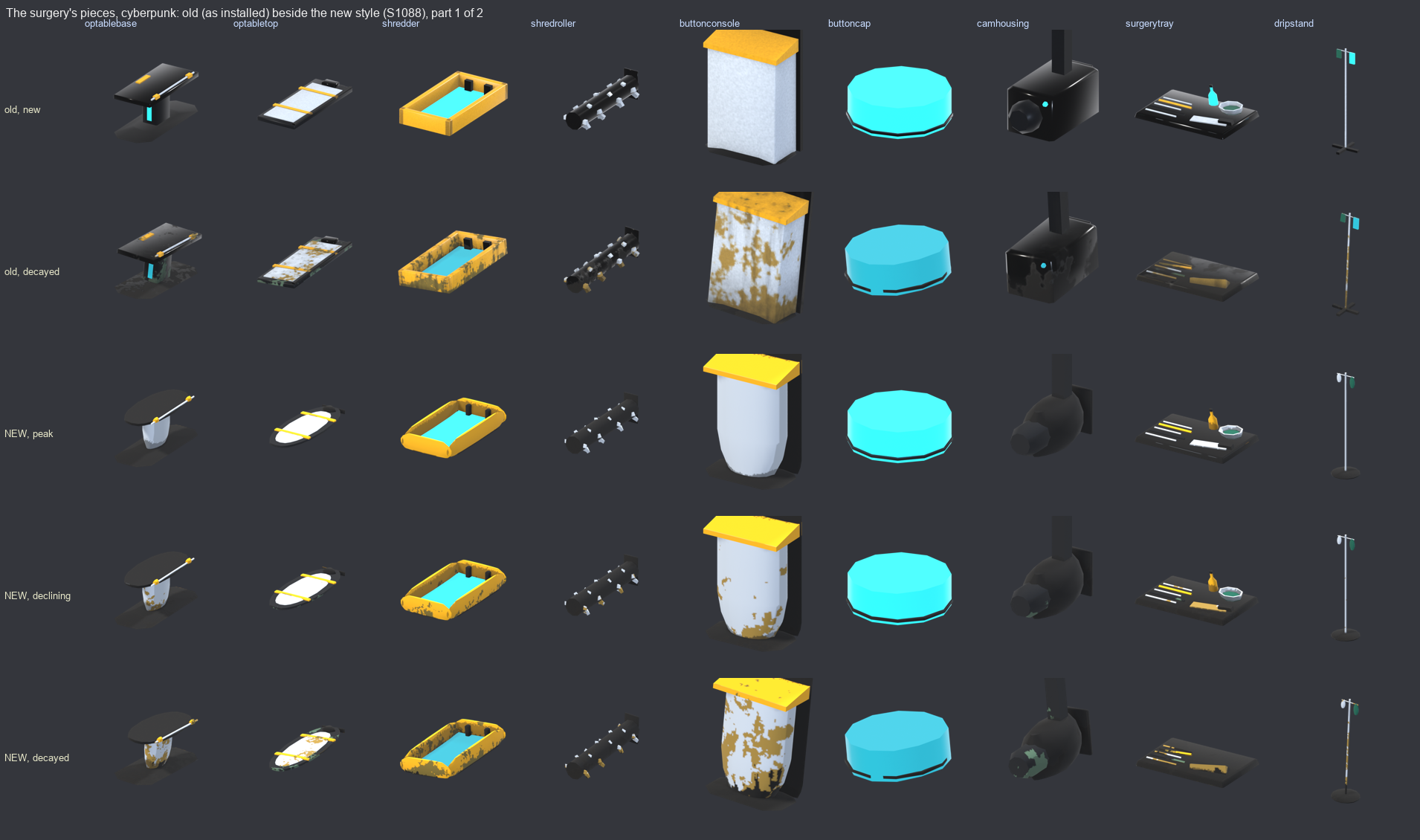 A grid of nine pieces in five rows. The old tables are black boxes on a pedestal with a yellow stripe, the new ones are rounded lens shapes. The old console is a white block, the new one is a rounded pale shell. The yellow shredder pit has softened corners in the new row.
