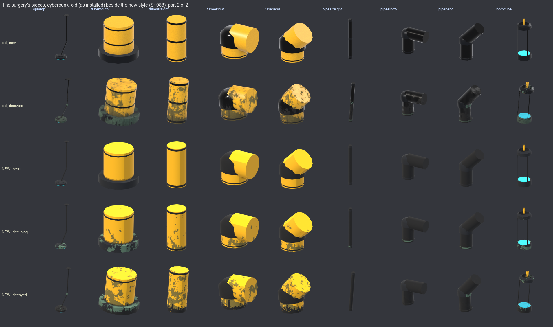A grid of nine pieces in five rows. The old tube pieces are speckled yellow with glossy black elbows. The new ones are flat yellow cylinders with a thin dark line at each join. The pipes are plain dark cylinders and the body tube is a clear cylinder on a dark base with a glowing floor.