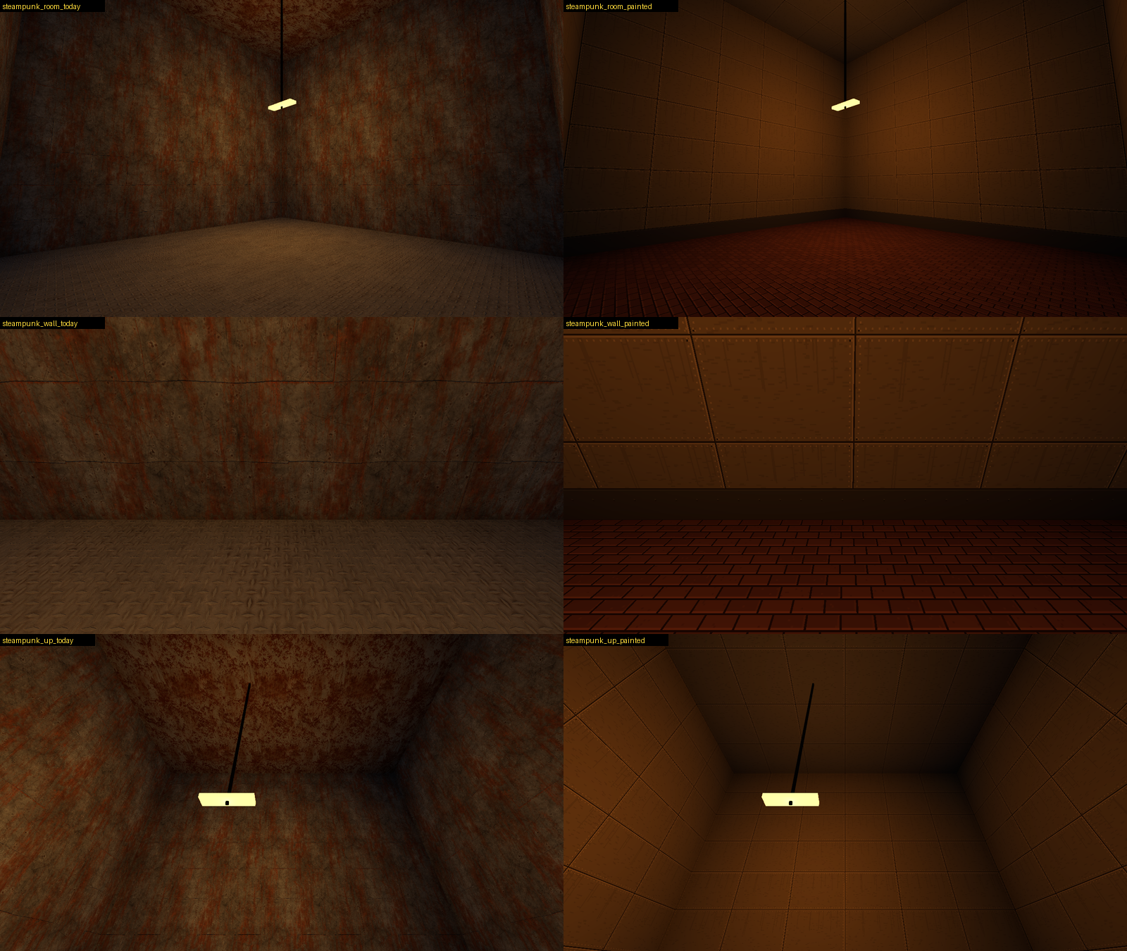 Two columns of three views of the same room. The left column is rust-streaked brown metal walls and a diamond-plate floor. The right column is dark brass riveted panels over a dark plinth, with a floor of dark red brick pavers.