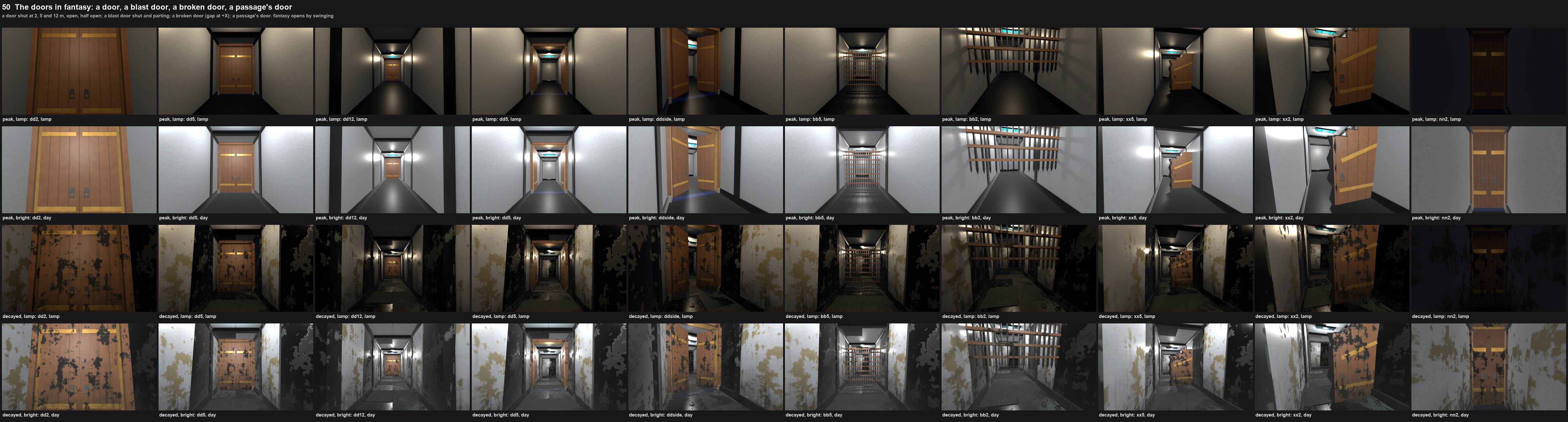 A grid of small renders of corridors with wooden doors, a portcullis of iron bars and a broken leaf. The top two rows are clean and the bottom two are worn with dark patches.