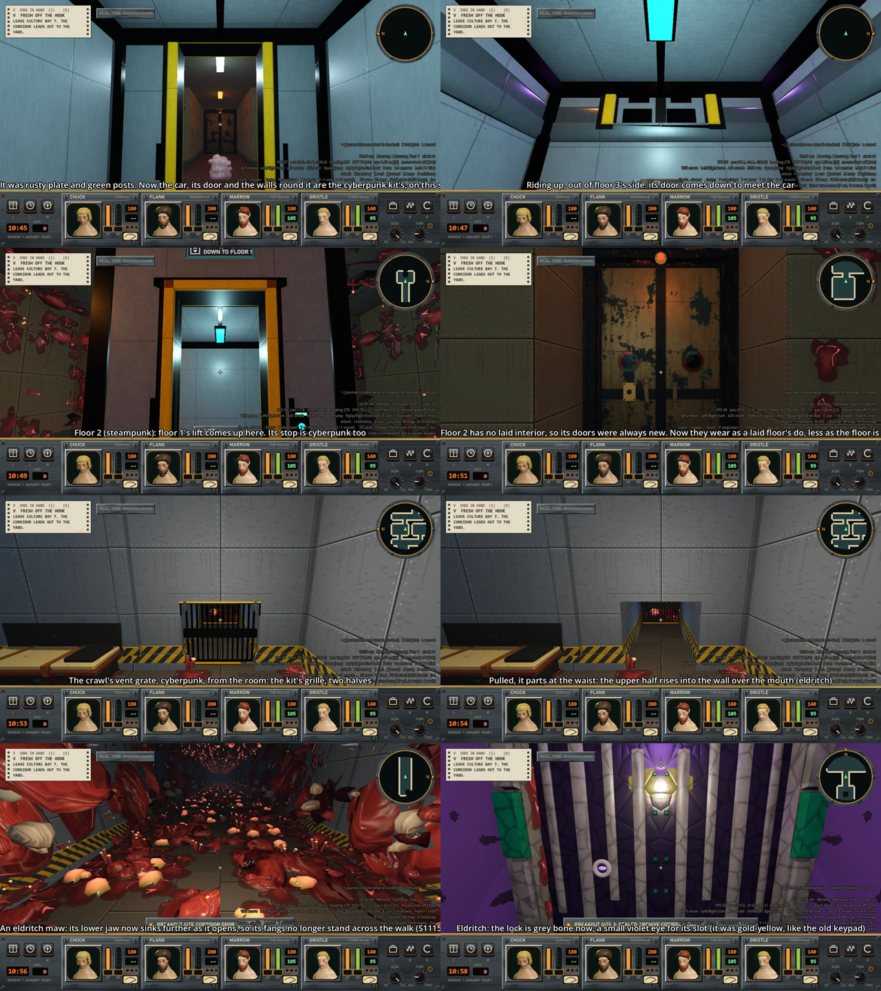 A contact sheet of twelve game frames with captions. Lift cars in gray plate with yellow posts, a worn steampunk door, a barred vent grille in a corridor, a red fleshy corridor with bone fangs and a purple door lock with a gray bone plate.