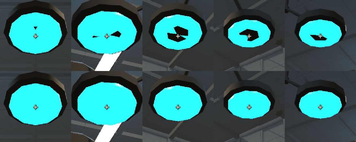 Two rows of five close-ups of a round ceiling lamp seen from below. In the top row each cyan disc has a different black shape inside it. In the bottom row every disc is solid cyan.