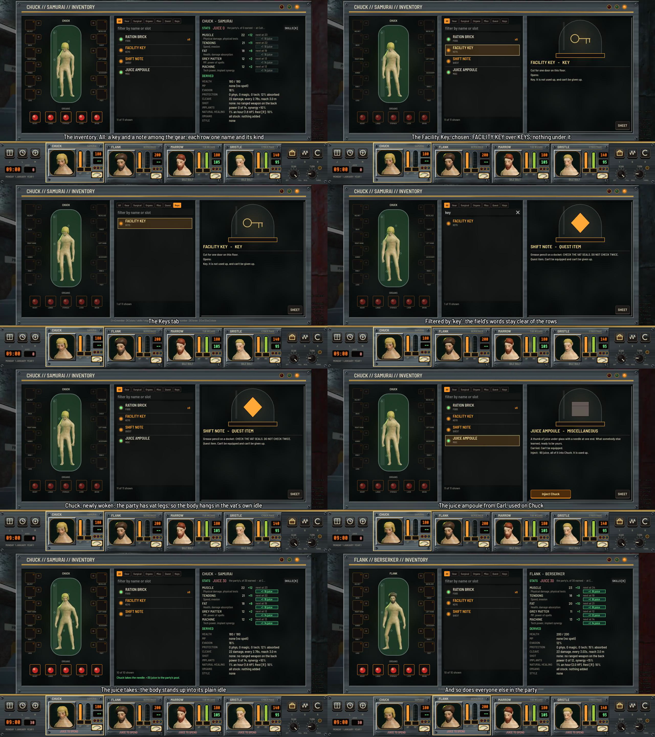 A grid of eight frames of the inventory screen. The item list shows a key and a note with one name each, then the Keys tab, a filter on key, a newly woken body with its head hung, the juice ampoule selected, and the body standing straight after the juice.