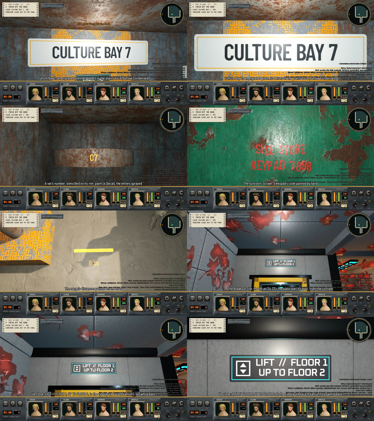 A grid of eight film frames. A white plate reading CULTURE BAY 7, a vat rim with a stenciled 07, red scrawled words on green paint, a yellow bar and 6 m on a floor, and a small lift plate with a lift symbol, shown far away and then close up.