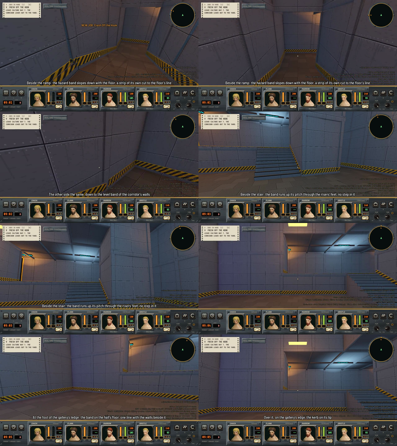 Eight film frames from a first-person view of a gray metal corridor, a stair and a ledge, each with a yellow and black band along the foot of the walls.