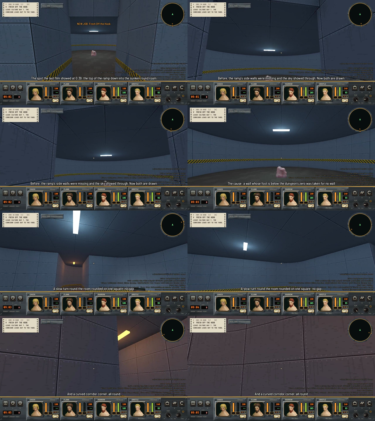 Eight film frames. The first two show a dark ramp wall and sunken room, then a slow turn around a round room and a curved corridor, all with walls drawn up to the ceiling.
