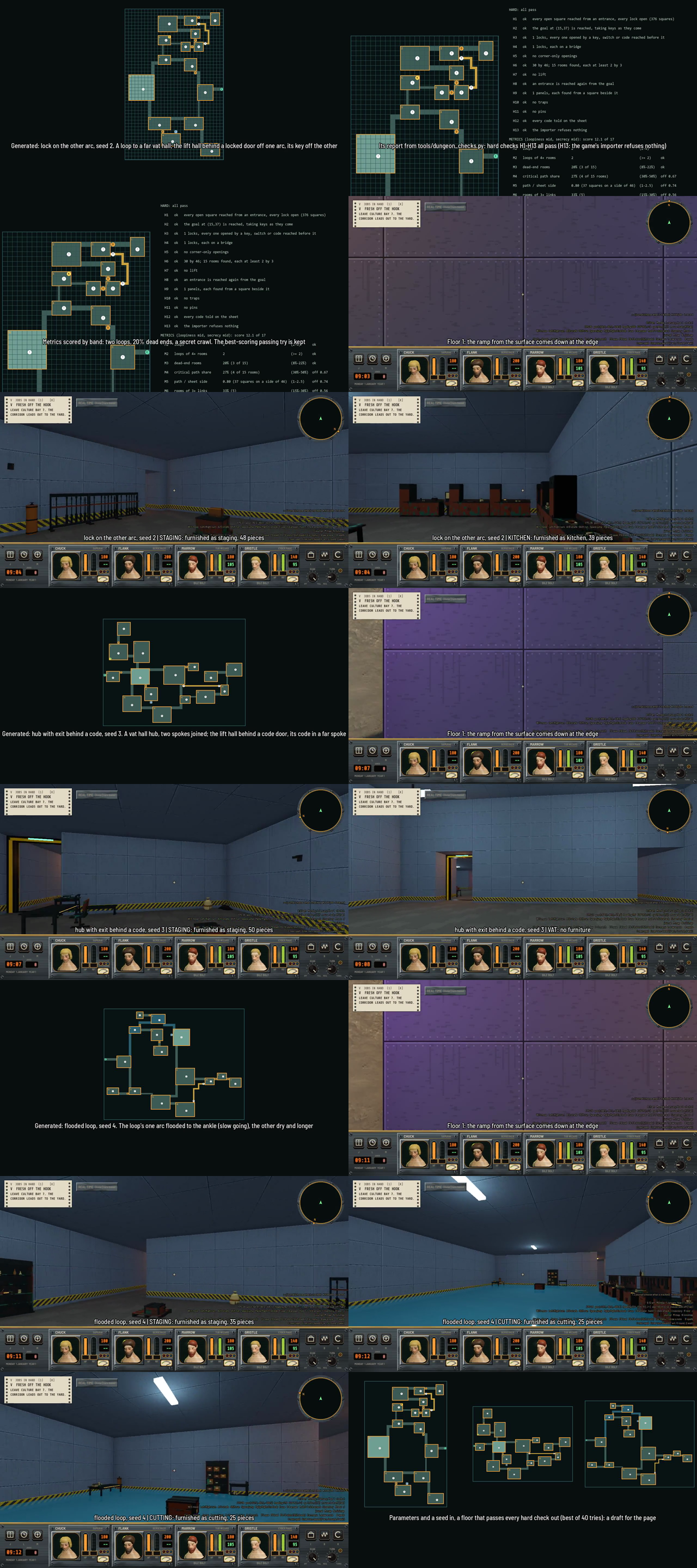 A tall contact sheet. The first rows show a green grid map of rooms and corridors beside lines of report text. The rest are first-person frames of blue-grey rooms with caution stripes, and one floor with a blue flooded room.