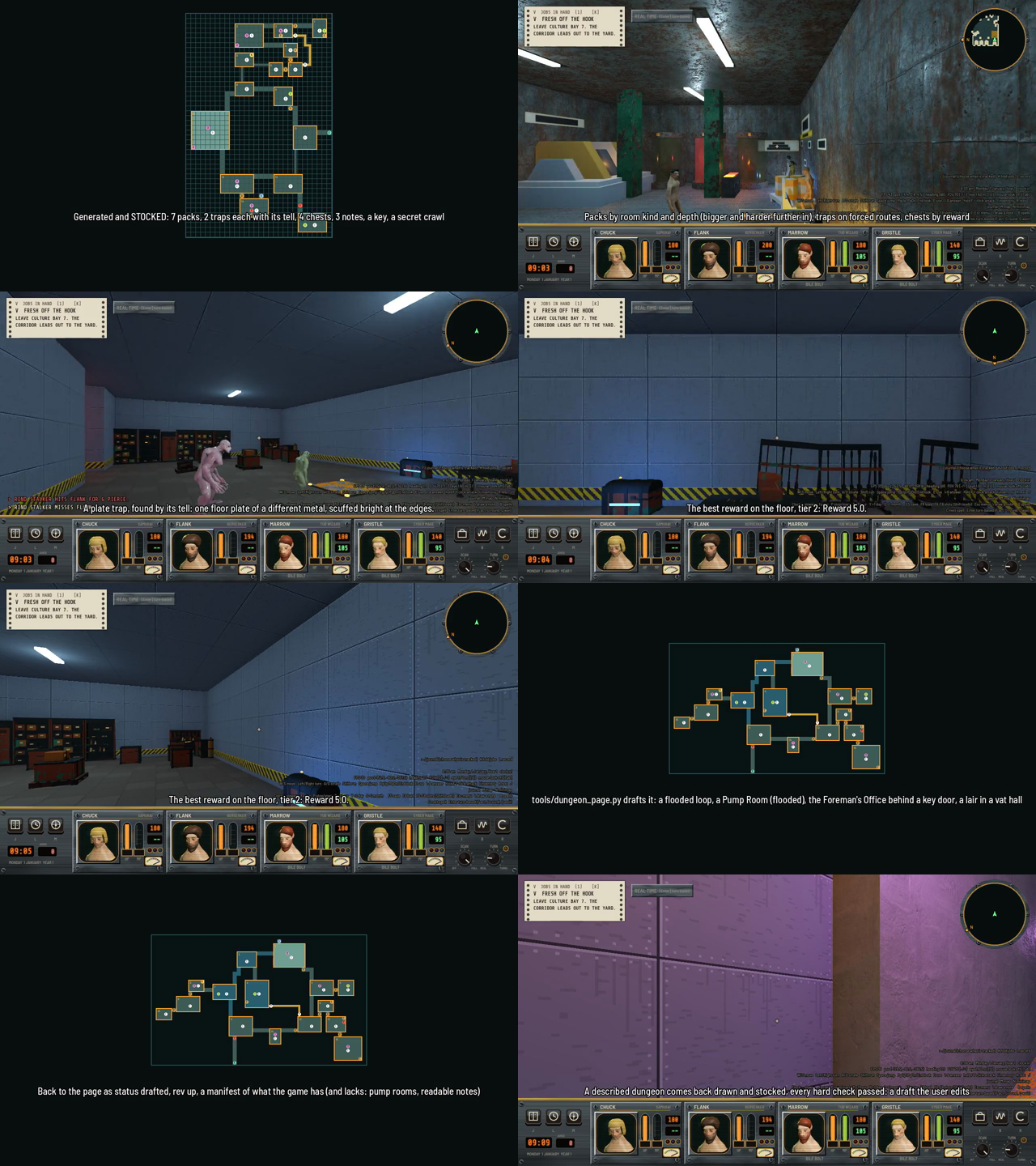 A contact sheet. A green grid map with dots in its rooms, first-person frames of blue-grey rooms with monsters and a chest, a second map of a flooded loop shown twice, and a purple walled room.