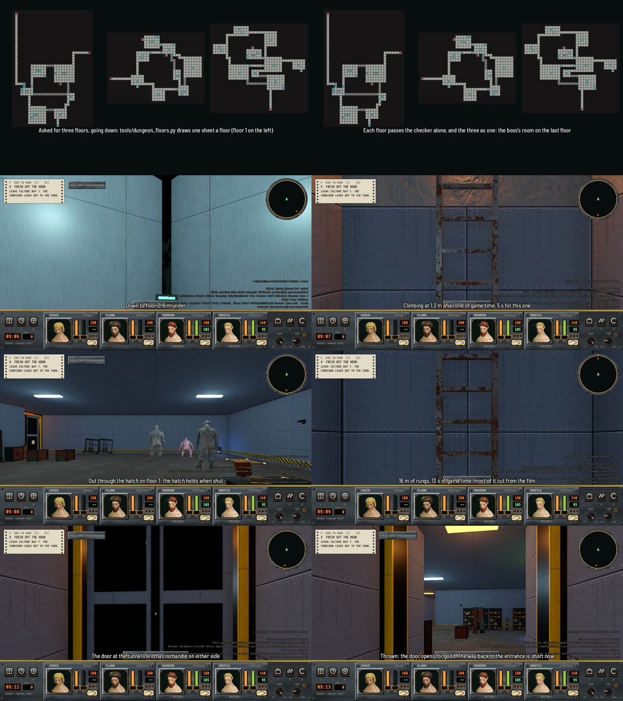 A contact sheet. At the top, three grey grid maps of rooms and corridors side by side, twice. Below, six first-person frames: a blue-grey wall, a rusty ladder against riveted panels, a room with three monsters, the ladder again, a dark door between yellow posts, and the same door open on a room with shelves.