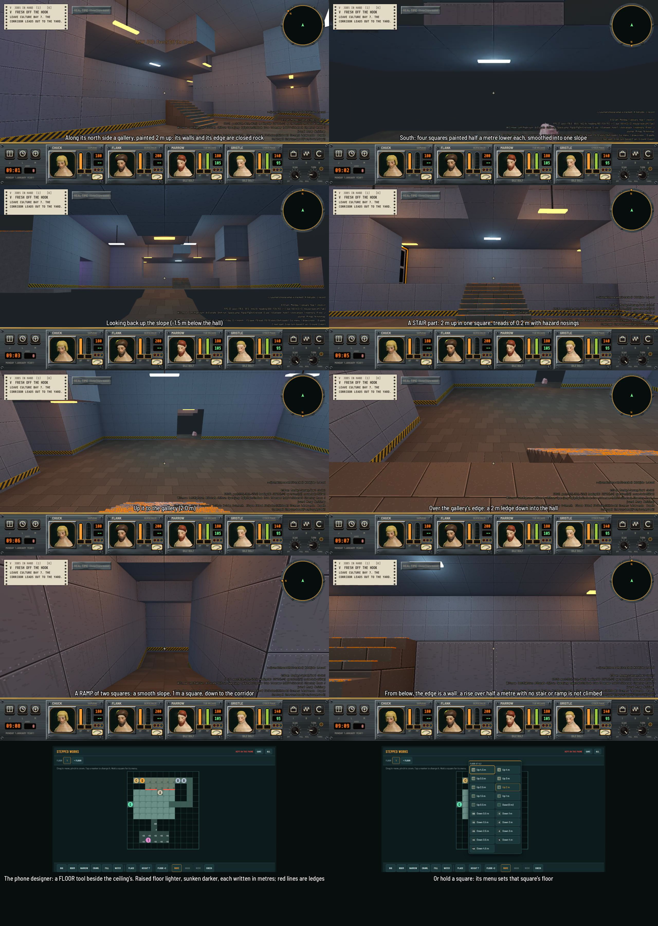 Twelve film frames in two columns. First-person views of a grey metal hall with a raised gallery, a stair with yellow and black nosings, a ramp and a ledge, then two screenshots of a dark grid designer page with a floor menu.