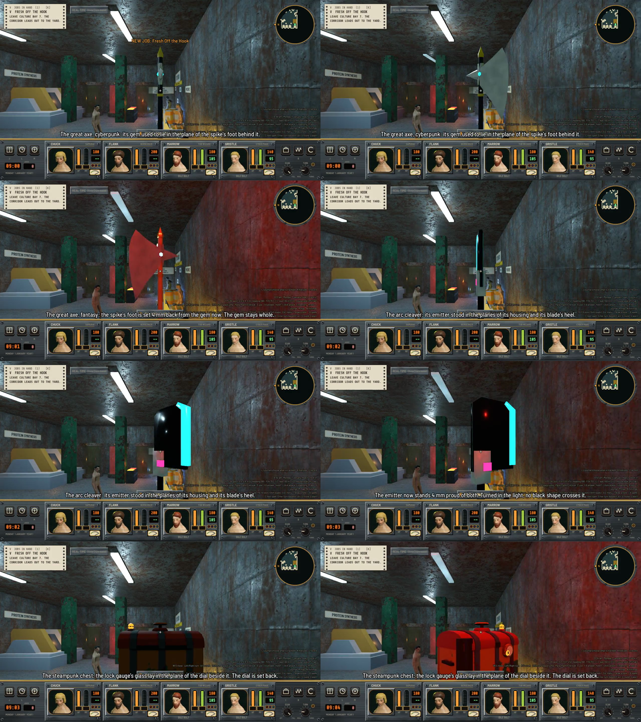 Eight frames of a gray metal corridor with a tall black axe, a red axe, a black and cyan cleaver and a closed chest, a before and an after for each.