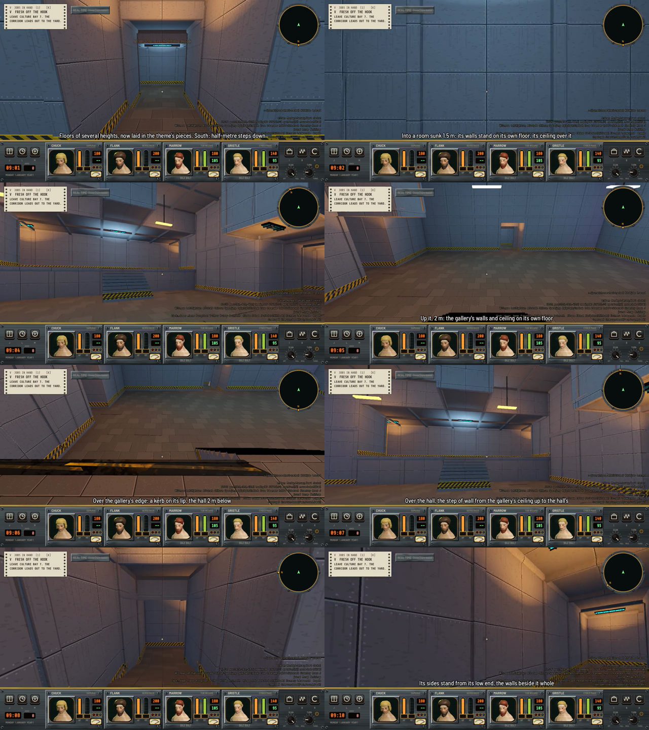 Eight first-person views of a gray metal dungeon with yellow and black hazard bands: a stepped corridor, a sunken room, a gallery with a stair, the edge of the gallery over a hall, and a ramp between walls.