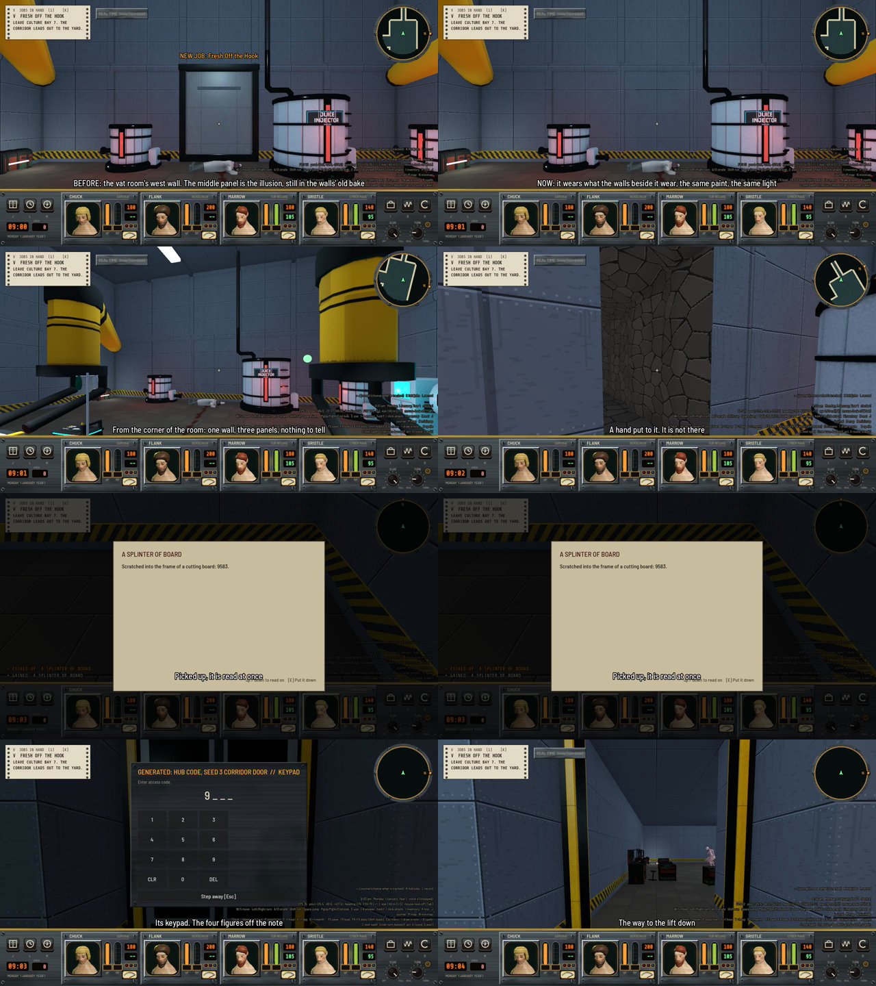 Eight film frames. A vat room wall with a darker middle panel, the same wall with all three panels alike, a hand put to the panel in a dark gap, a paper note reading A Splinter of Board, a keypad with 9 typed, and a corridor to a lift.