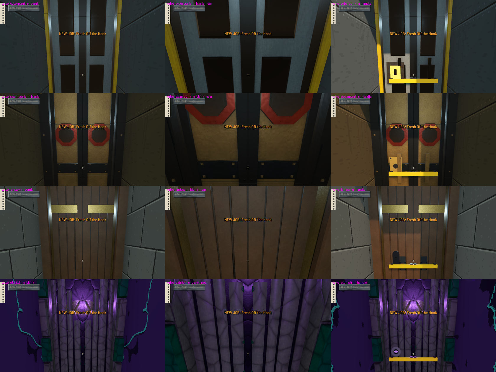 A grid of twelve first-person views of doors, four rows for four themes and three columns, where the first two columns show plain leaves and the third shows a yellow push bar and a keypad.