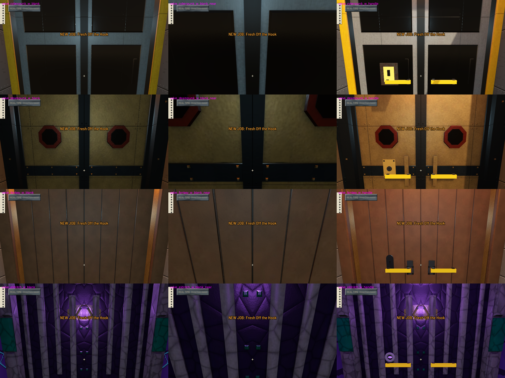 A grid of twelve first-person views of wide doors in four themes, with plain leaves in the first two columns and yellow push bars in the third.