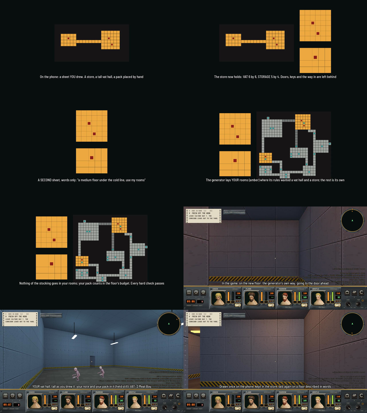 Eight film frames. Orange grids on a dark background show a drawn sheet and the store's two rooms, then a grey floor plan with two orange rooms laid in it, then first-person views of a grey metal hall holding two pale creatures.