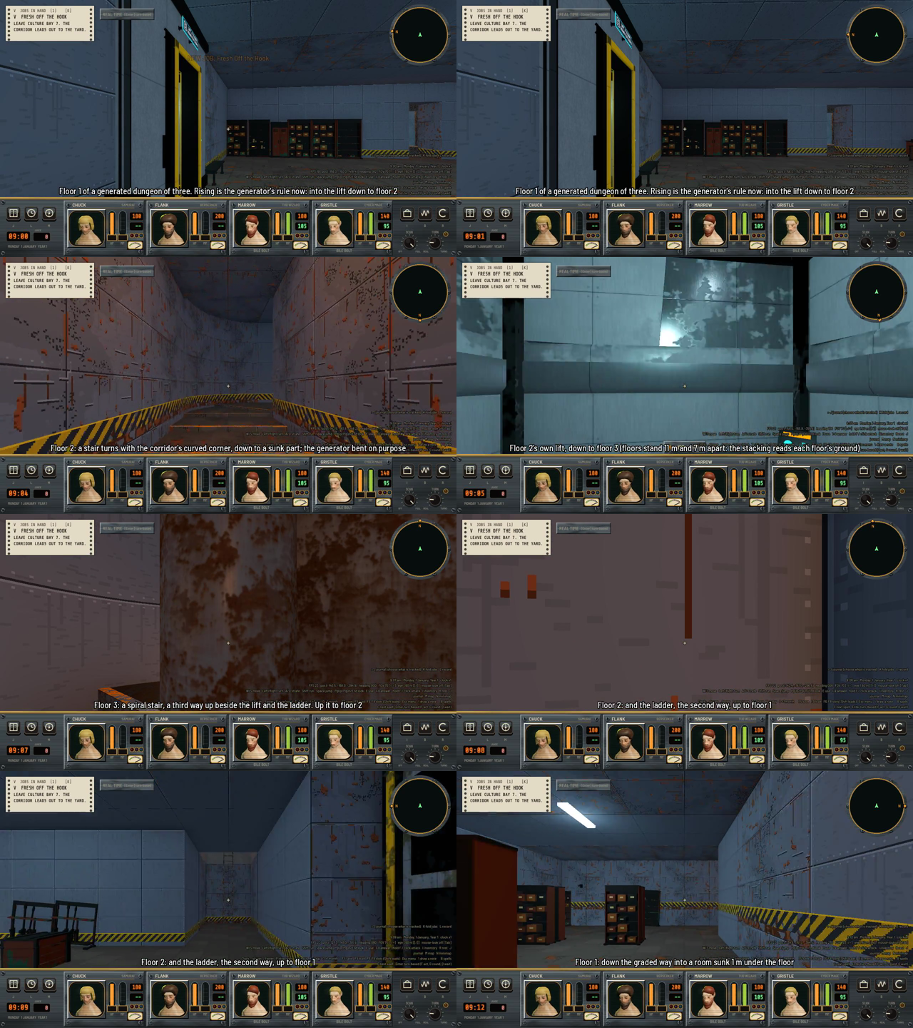 Eight frames from the film: a lift doorway, a stair turning a curved orange-striped corridor, a lift shaft, a spiral stair, a ladder and a room sunk below the floor.