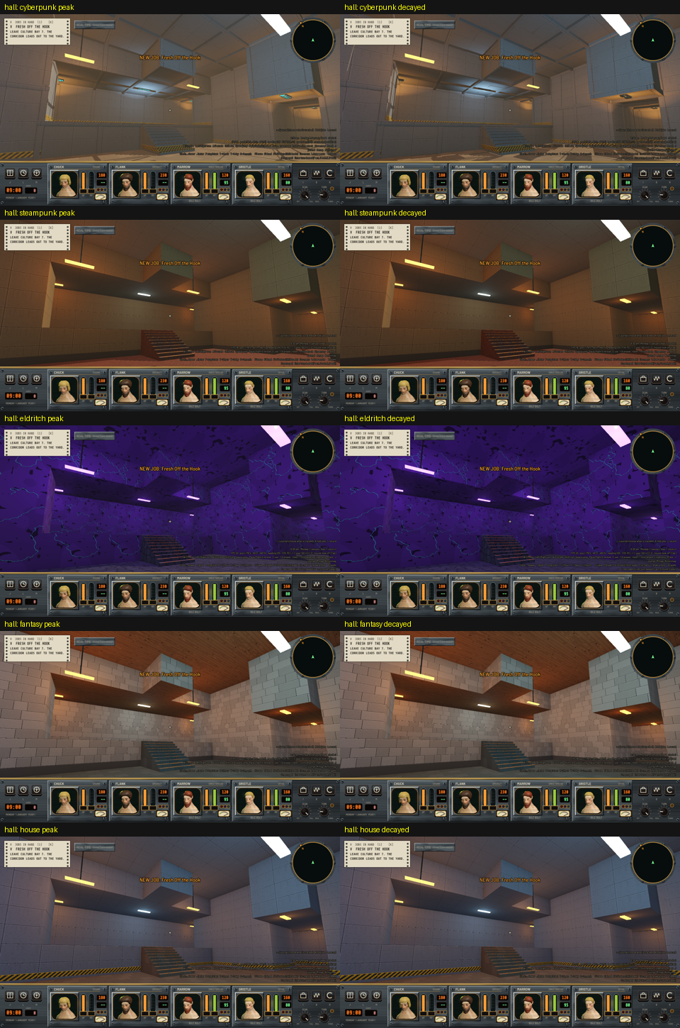 Ten first-person stills of a hall in a grid of five rows and two columns, one row per theme, in gray metal, brown panels, purple veined walls, stone blocks and gray blue panels.