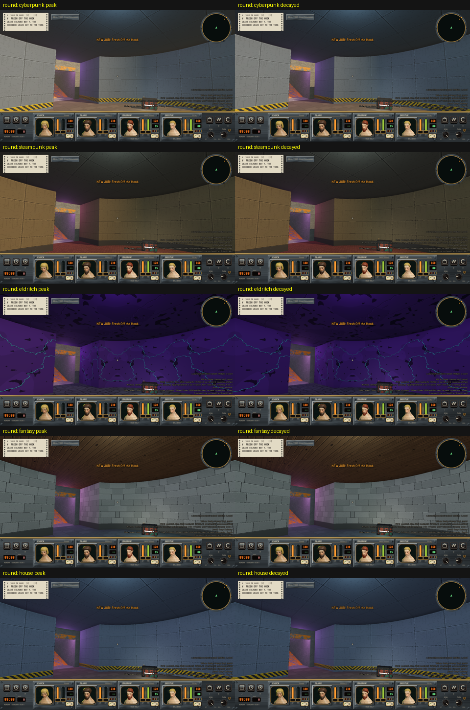 Ten first-person stills of a curved room in a grid of five rows and two columns, one row per theme.