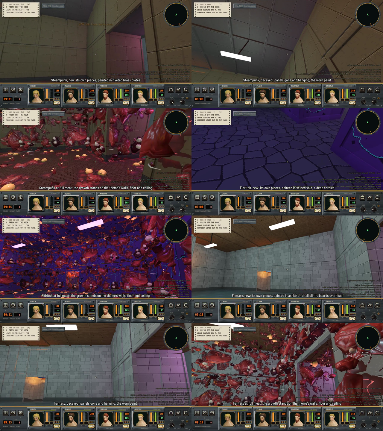 A grid of first-person views of dungeon walls: riveted brass plates, a purple veined void, gray ashlar with oak boards overhead, and the same rooms covered in red meat growths.