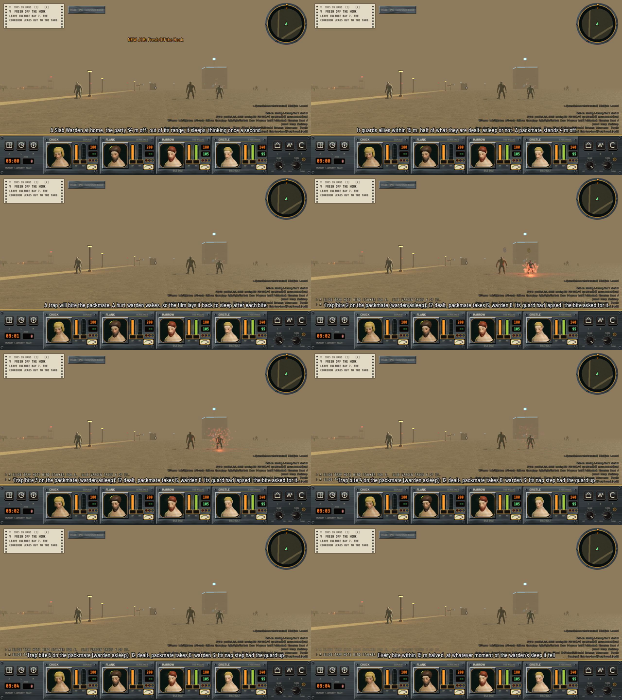 Eight frames of a dusty yard with two gray figures standing apart and a third nearby, a spray of orange sparks on the nearest each time the trap bites, and captions under each frame.