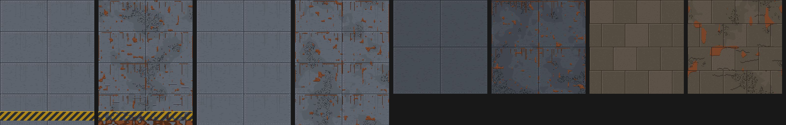 Four pairs of gray-blue metal panels and brown flagstones, each pair a clean picture followed by one with rust streaks, dark soot patches and missing paint.