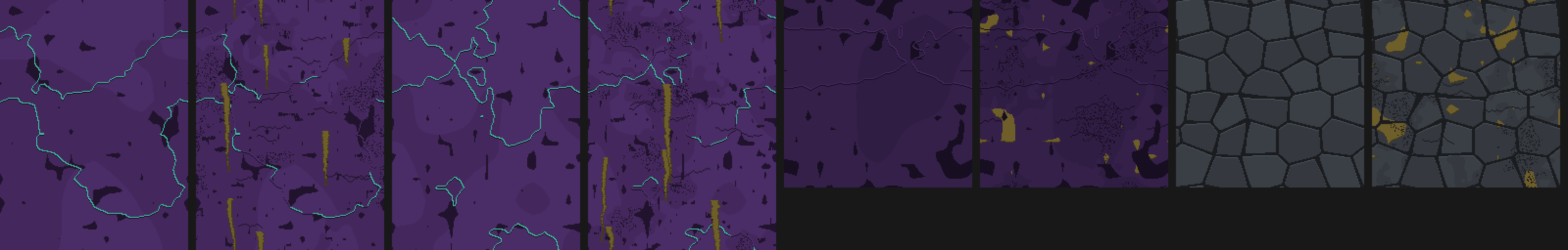 Purple void stone with thin teal veins, then the worn version with half the veins gone, cracks, soot, and ochre seeps running down the wall.