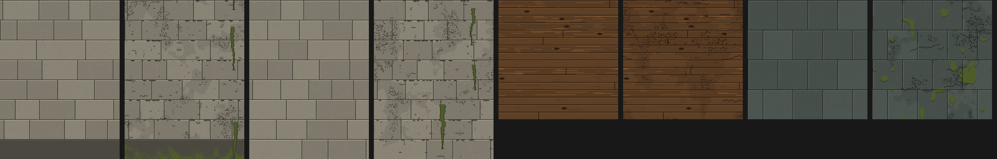 Gray ashlar, oak boards and slate flags, each shown clean and then sooty, with knocked edges and green moss at the foot and in blotches.