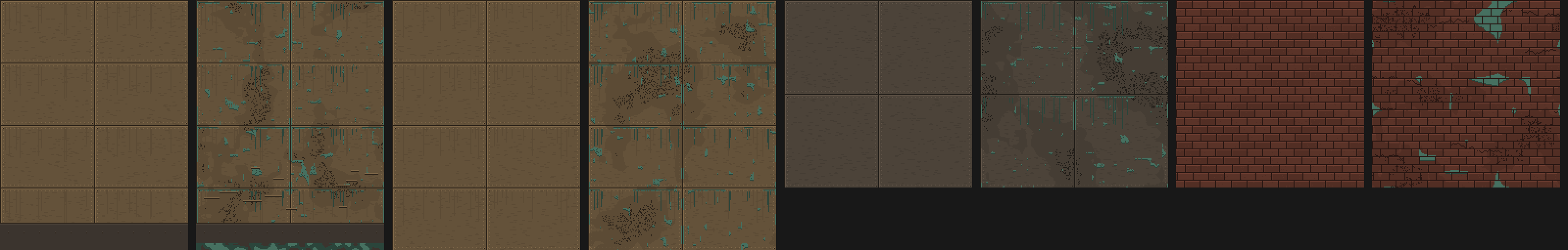 Brown brass plates and red brick, each shown clean and then with teal-green verdigris along the seams, drips and blooms, and dark soot patches.