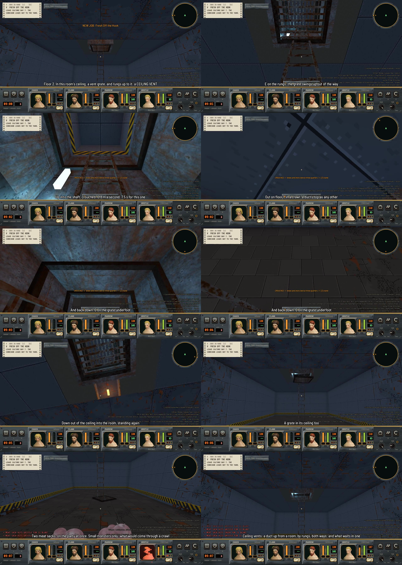 A sheet of twelve frames: a grate in a gray room's ceiling, rungs going up to it, the inside of a rusty shaft with a hazard stripe, a crawl on the floor above, the way back down, a second grate in the ceiling, and two pink meat sacks on the party with combat messages along the bottom.