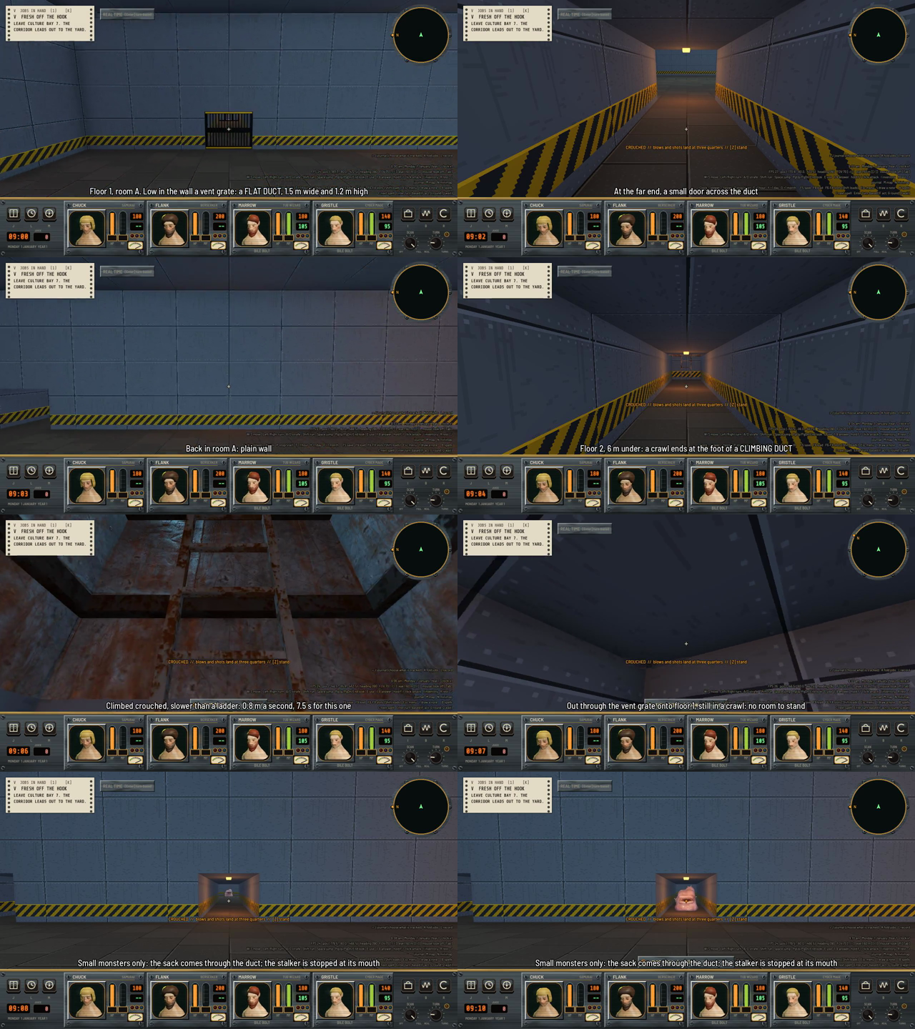 A sheet of eight first-person frames in blue cyberpunk corridors: a small vent grate low in a wall, a long low corridor with hazard stripes and a door at the far end, a plain wall, a rusty shaft with rungs, a low crawl on the upper floor, and a pink meat sack coming down a duct.
