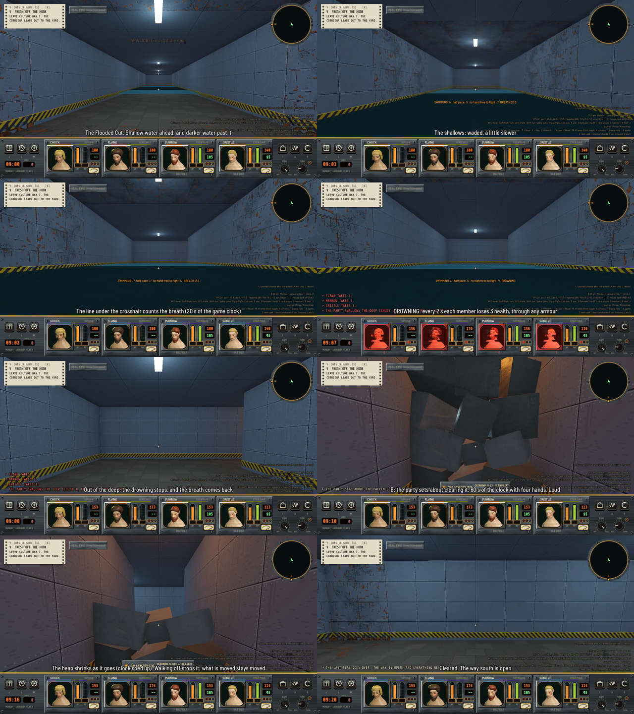 Eight first-person frames: a corridor ending in a flooded room, the view at water level with a line of text about swimming and breath, the party portraits glowing red while drowning, then a pile of dark slabs across a corridor that gets smaller until the corridor is clear.