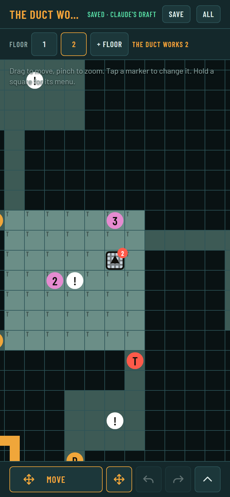 A grid of floor squares on a phone with a square grate marked with an up arrow and a small red tab with a 2 on it.
