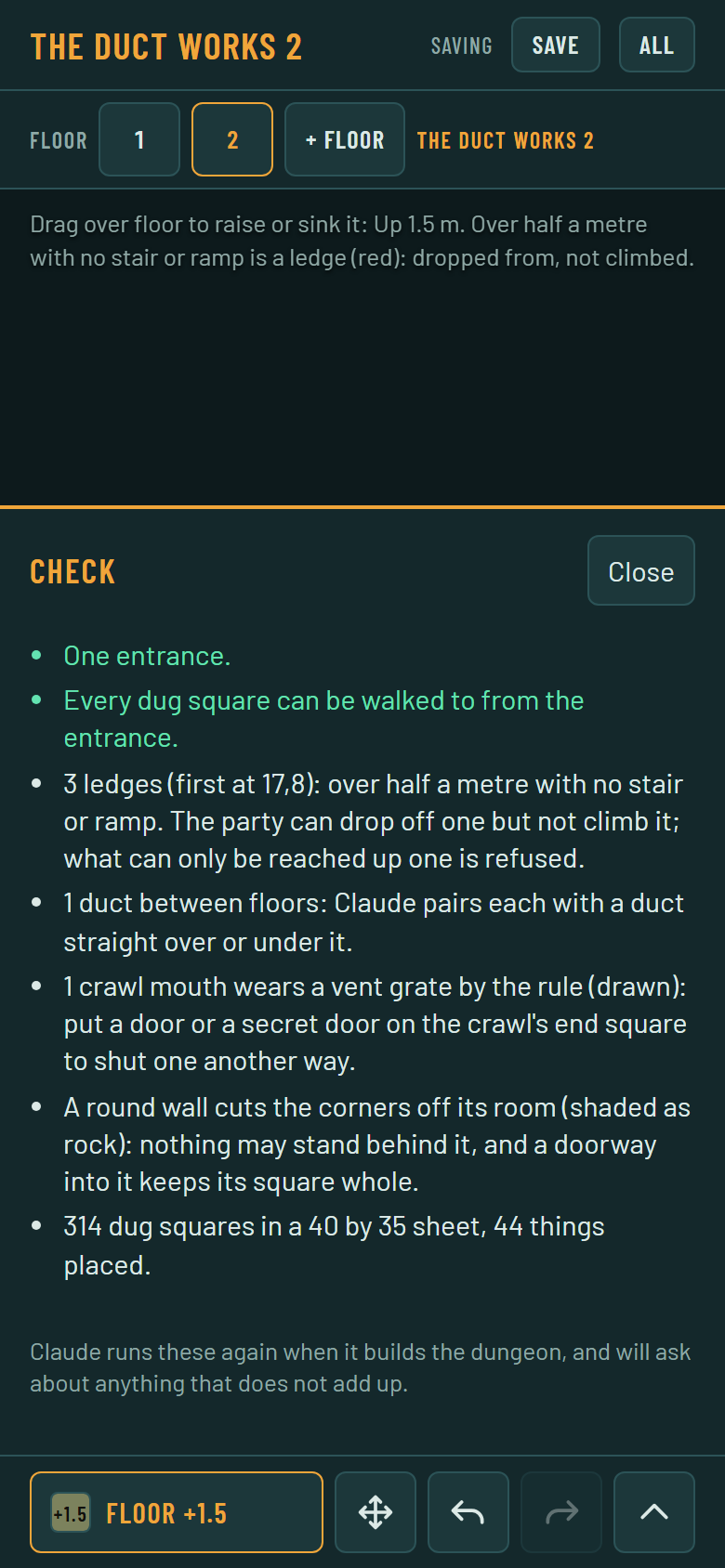 A phone screen with a list of check results in green and white text, among them one duct between floors and one crawl mouth wearing a vent grate by the rule.