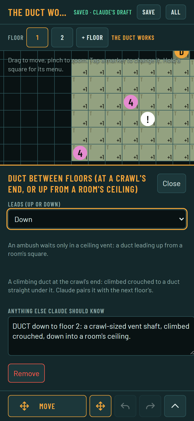The lower half of a phone screen with a duct's editor open: a list set to Down, two lines of explanation and a text box that says DUCT down to floor 2.