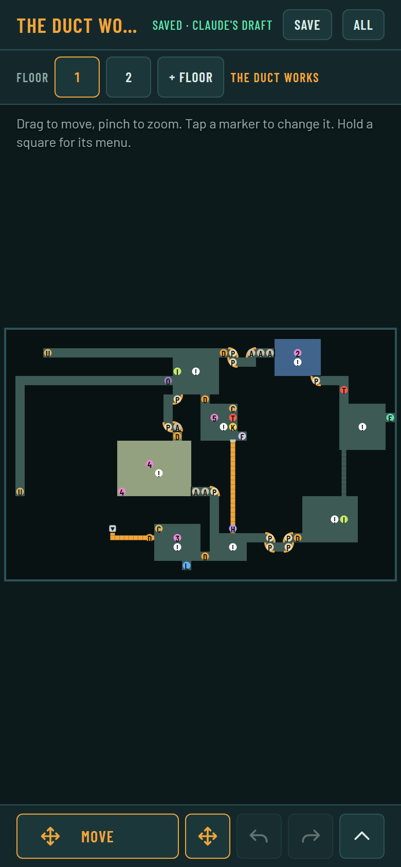 A dark grid map on a phone with rooms, small lettered markers for doors and things, a long orange crawl way running down the middle, a blue room at the top and a green room on the left.