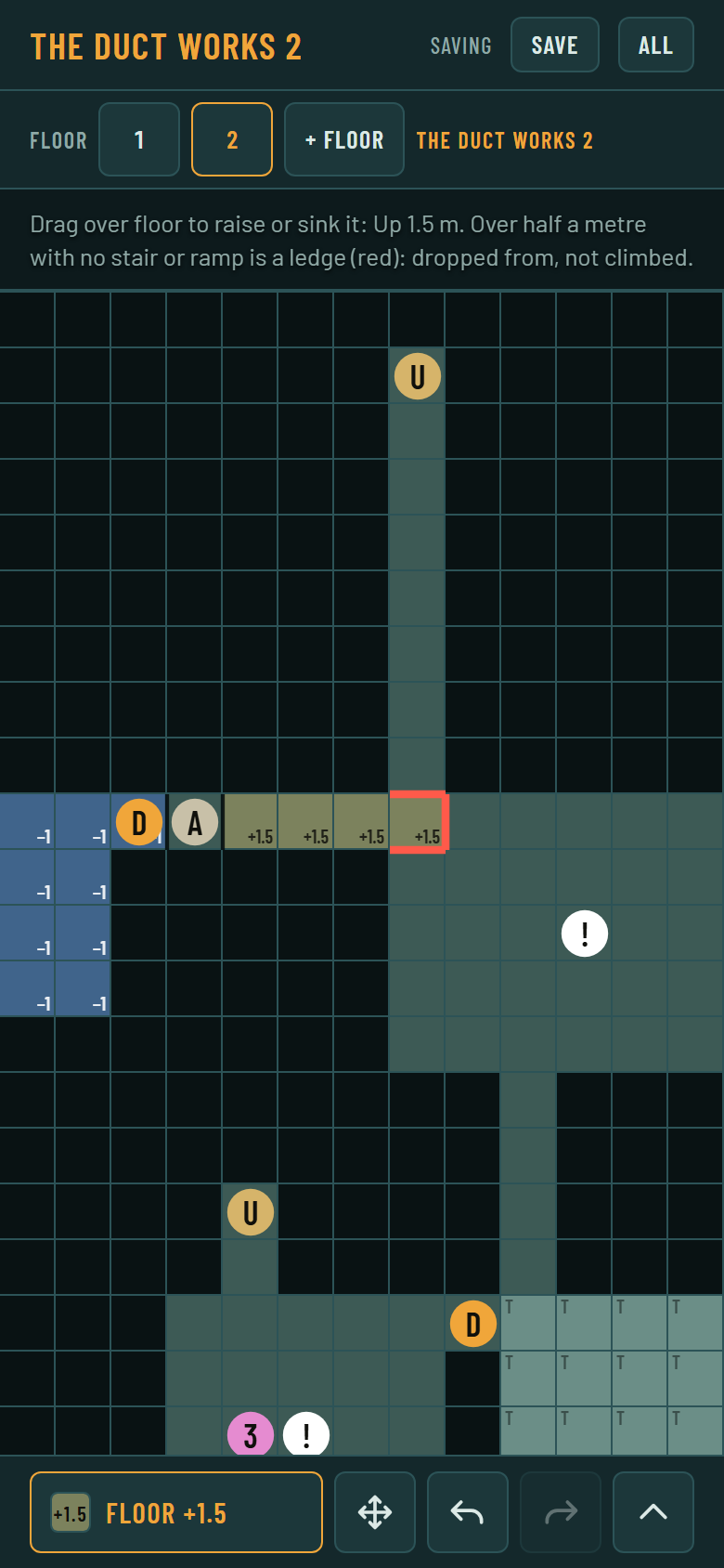 A phone screen of grid squares with the top row of a corridor in olive green labeled +1.5, a blue sunk room to its left, and a red outline around one square.