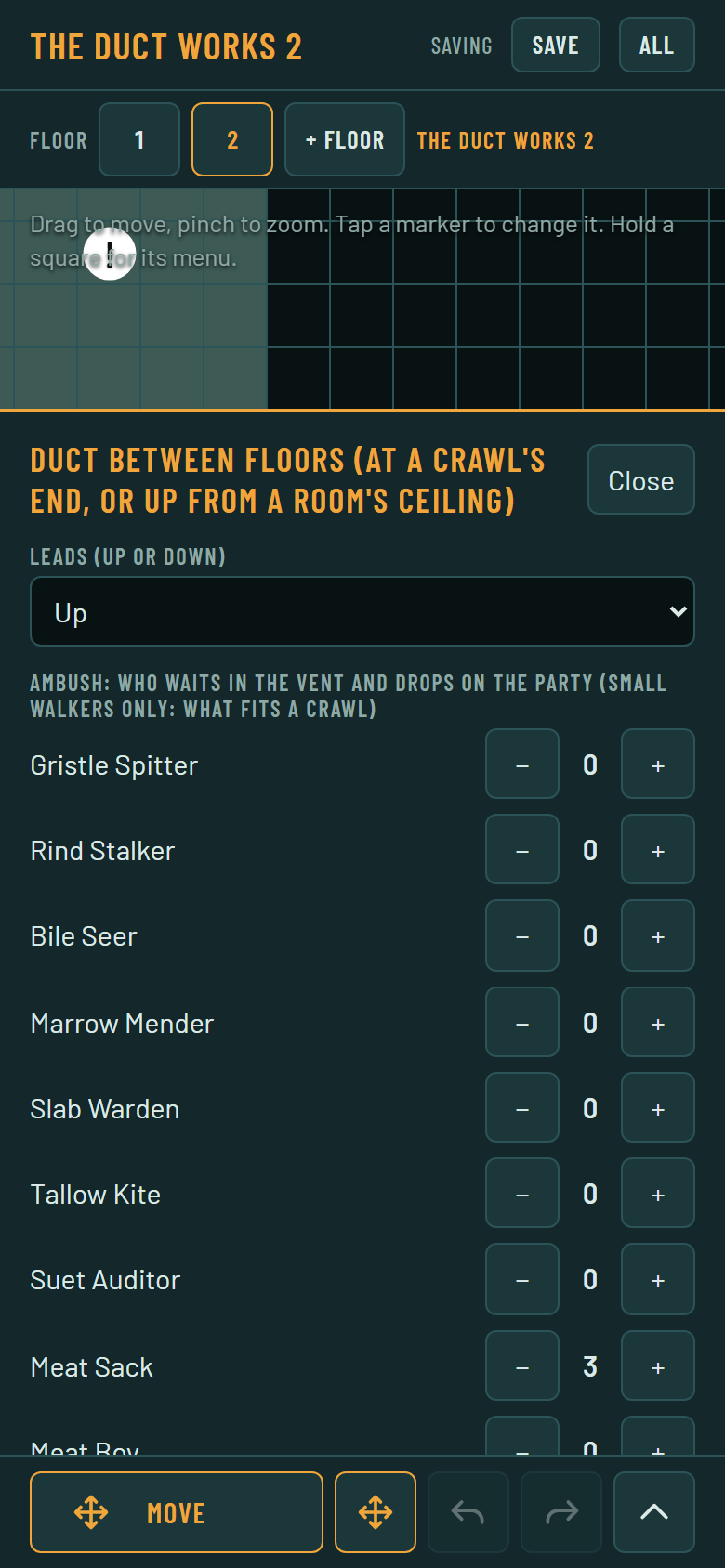 A phone screen with a list set to Up and a column of monster names, each with a minus button, a count and a plus button. Meat Sack shows 3.