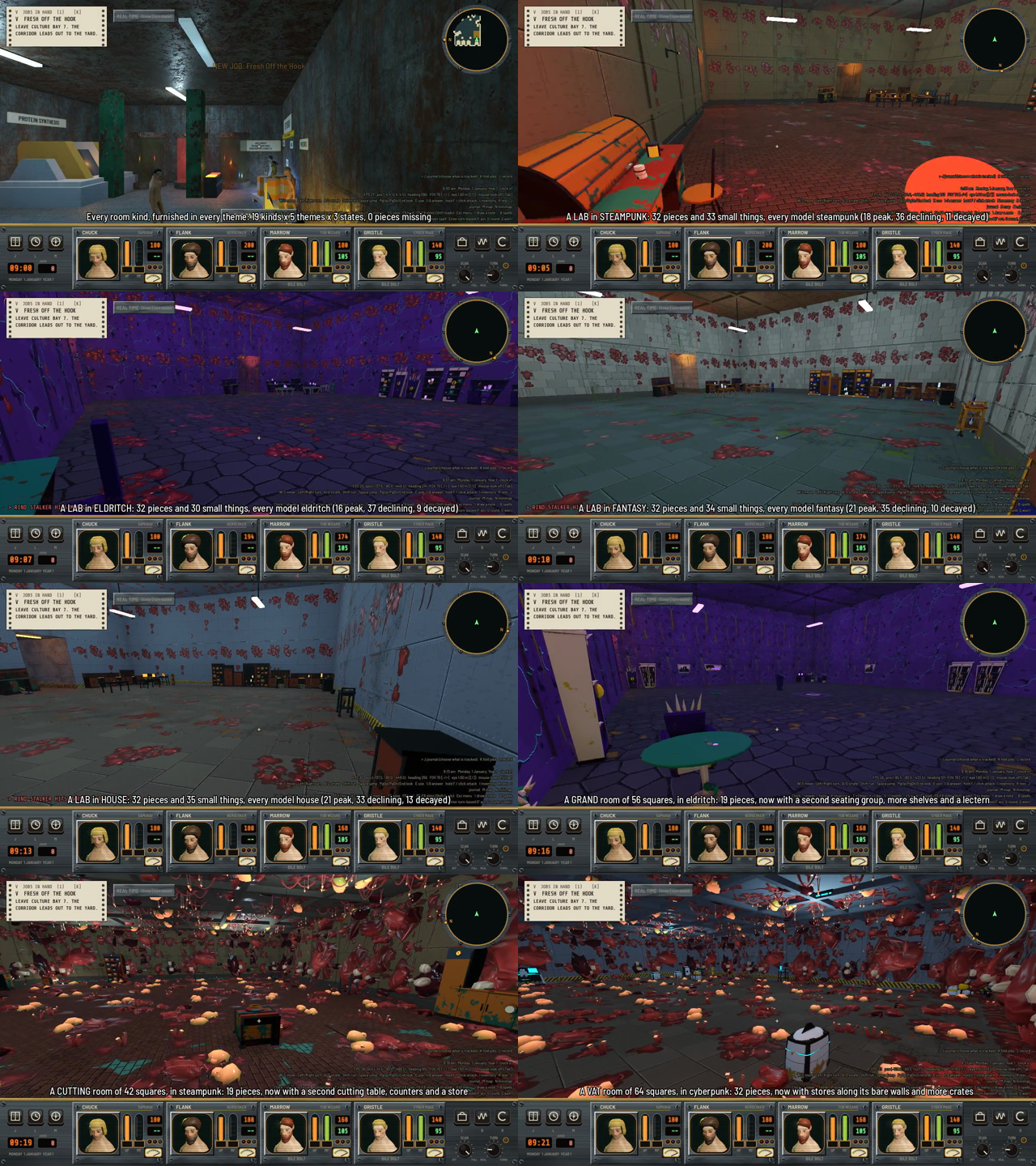 A sheet of ten frames of dungeon rooms: labs in different themes with benches and shelves, a purple grand room with a round table, and a cutting room and a vat room covered in red meat growth.