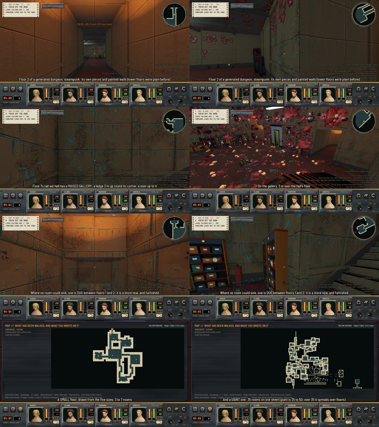A sheet of eight frames: a steampunk corridor on floor 2, a vat hall with a ledge and red meat growth, a furnished storage room with shelves, and two map screens, one small and one large.