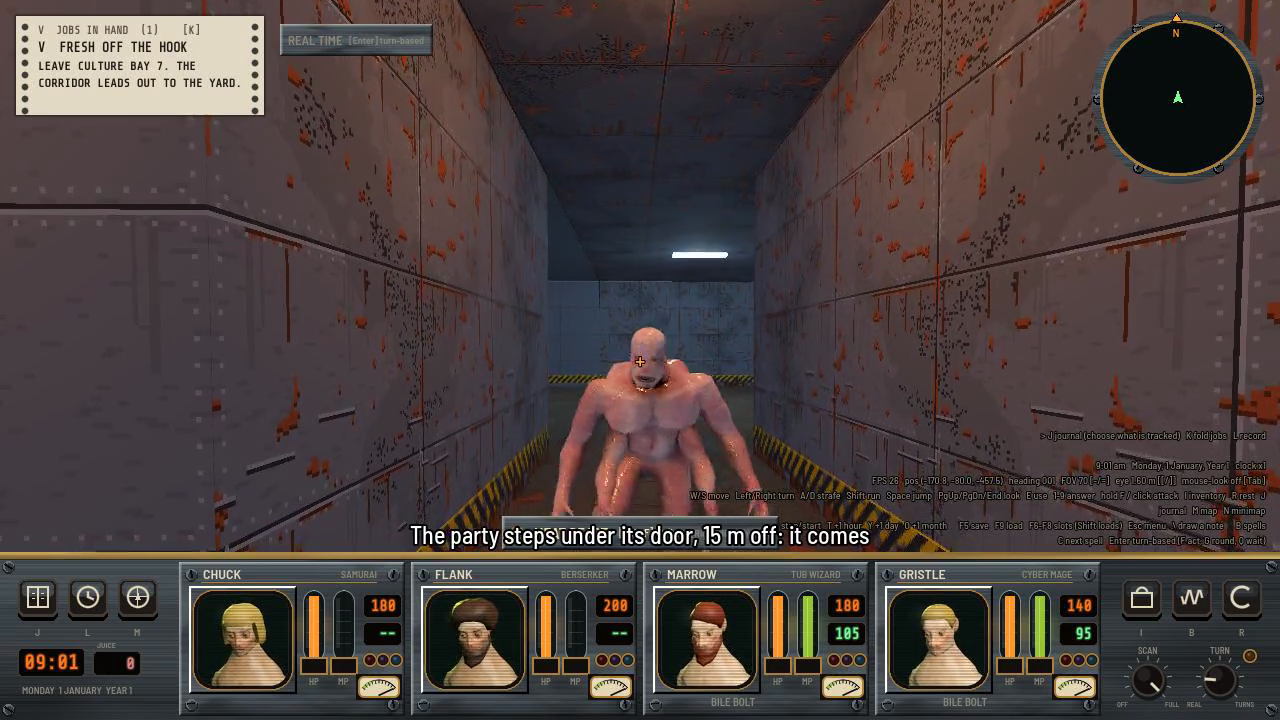 A first-person view down a narrow rusty metal corridor. A hulking pink, hairless creature walks toward the camera on its knuckles. The party's four portraits and health bars run along the bottom.