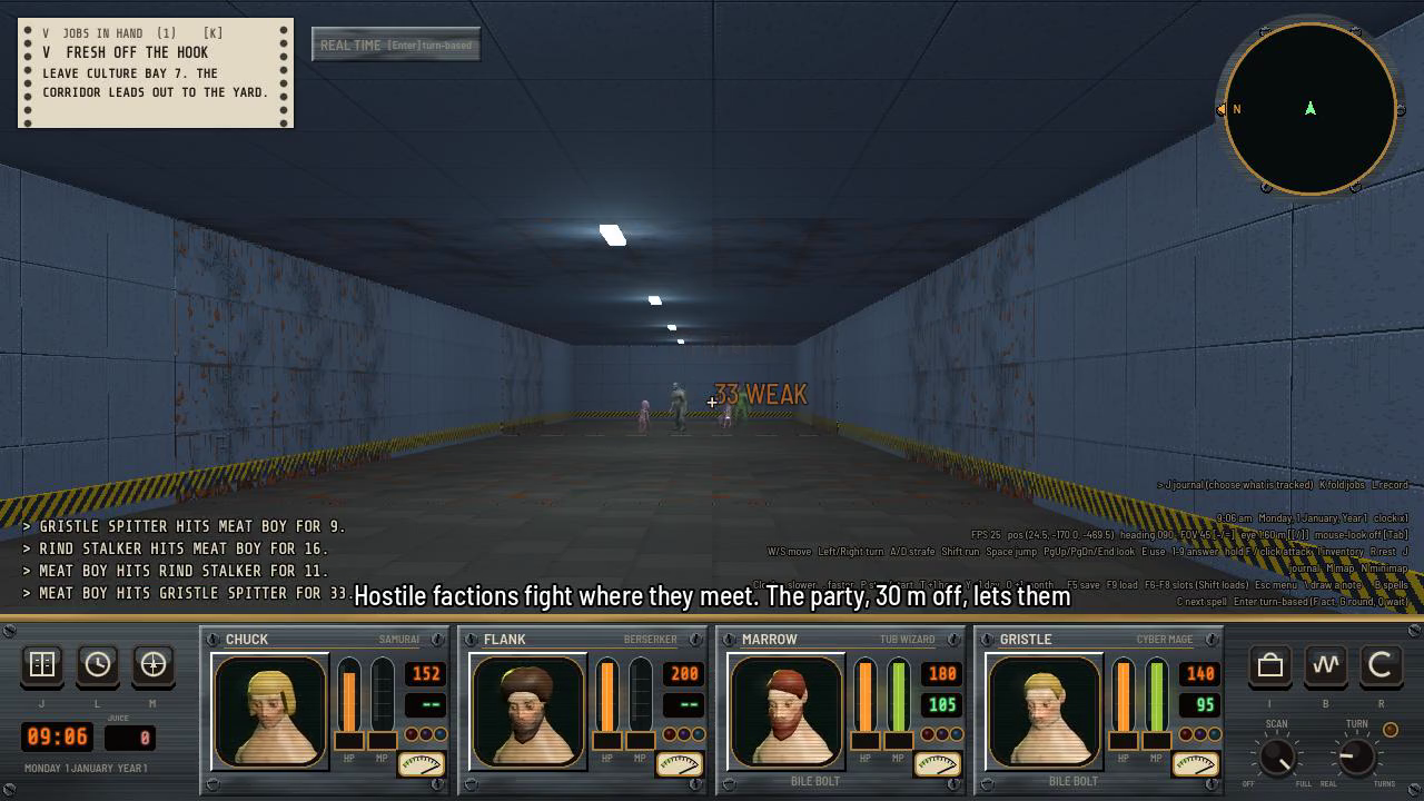 A first-person view down a long blue-gray hall with hazard stripes along the floor edges. Four small monster figures are clustered far down the hall with damage numbers over them, and a text log at the lower left reads lines like Rind Stalker hits Meat Boy for 16.